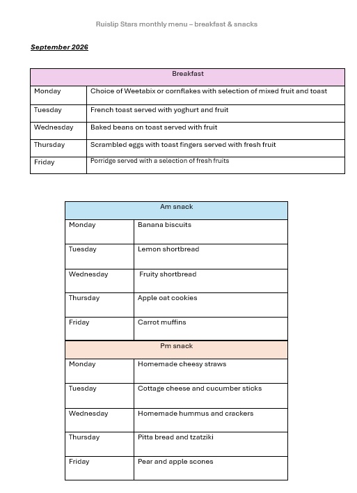 snack and breakfast menu